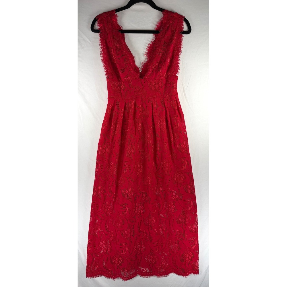 Lulus Red Floral Lace Sleeveless V-Neck Midi Dress Small Eyelash Trim Cocktail